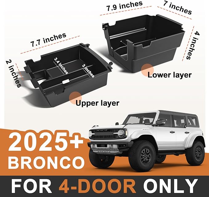 TripleAliners Center Console Organizer Compatible with 2025 2026 Ford Bronco(Not for 2-Door& Manual &Bronco Sport) Accessories Console Storage Box Armrest Tray | Two Layers with Leather Trim (Black)