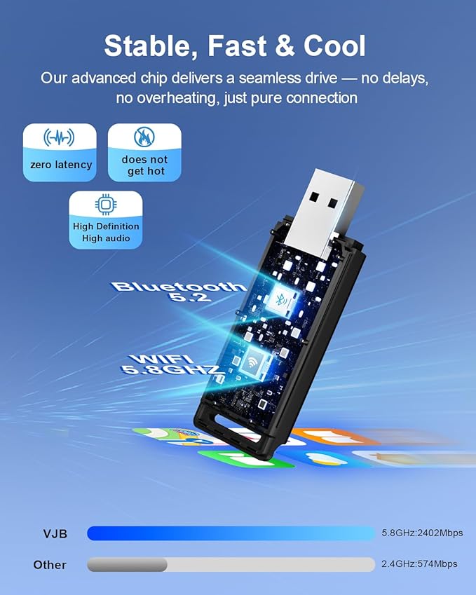 VJB Wireless CarPlay &Android Auto Adapter for iPhone & Android | Converts Wired to Wireless | Plug and Play Stable Connection Fast Auto-Connect (iOS 10+, Android 10+, 2016+ Cars)