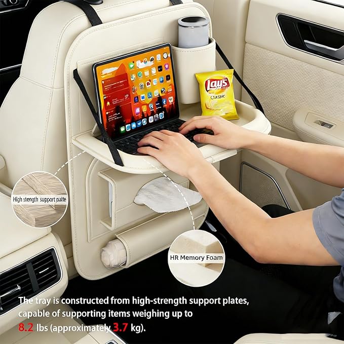 2 Pack Universal Premium Leather Foldable Car Backseat Organizer with Table Tray, Car Seat Back Protector with Garbage Bag Touch Screen Pad Holder, Car Kick Mats with Tissue Box (Beige)