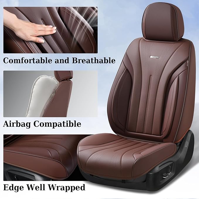 Coverado Front and Back Car Seat Covers, Leather Seat Cover for Cars, Automotive Seat Cover Full Set, Waterproof Universal Seat Cover, Luxury Car Seat Protector Seat Cushion Fit Most Cars, Coffee