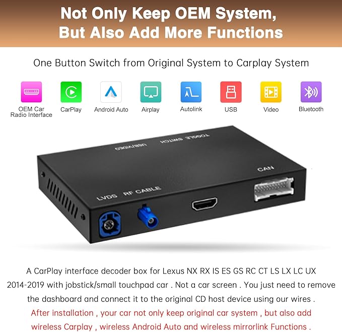Retrofit Kit Decoder Wireless Carplay for Lexus NX RX is ES GS RC CT LS LX LC UX with Small Touchpad/Joystick Support Android Auto/MirrorLink/Backup Camera/YouTube