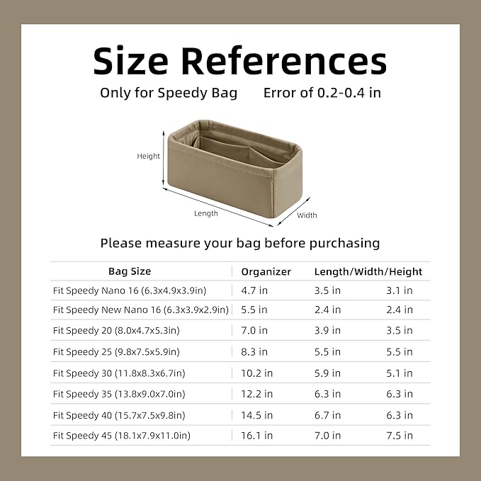 DGAZ Silk Purse Organizer Insert Fits LV Speedy 16/20/25/30/35/45 bags，Silky Smooth Bag Organizer，Luxury Handbag & Tote Shaper（Etoupe grey，New nano 16）