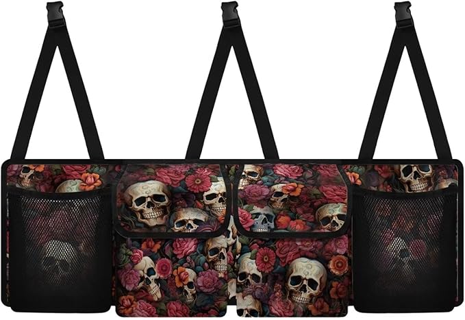 Skull Floral Car Trunk Organizer, Backseat Hanging Large Storage with Adjustable Straps & 4 Pockets, Waterproof Collapsible Cargo Bag, Car Interior Accessories for SUV, Truck, Van