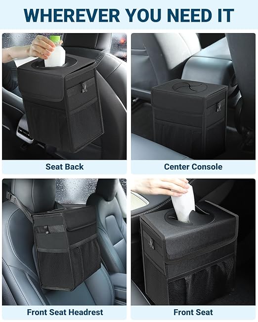 Capolo Car Trash Can with Lid, Leakproof Car Trash Bag Hanging Waterproof Automotive Garbage Can with Storage Pockets Mini Vehicle Trash Bin for Back/Front Seat(Black,3 Gallon)