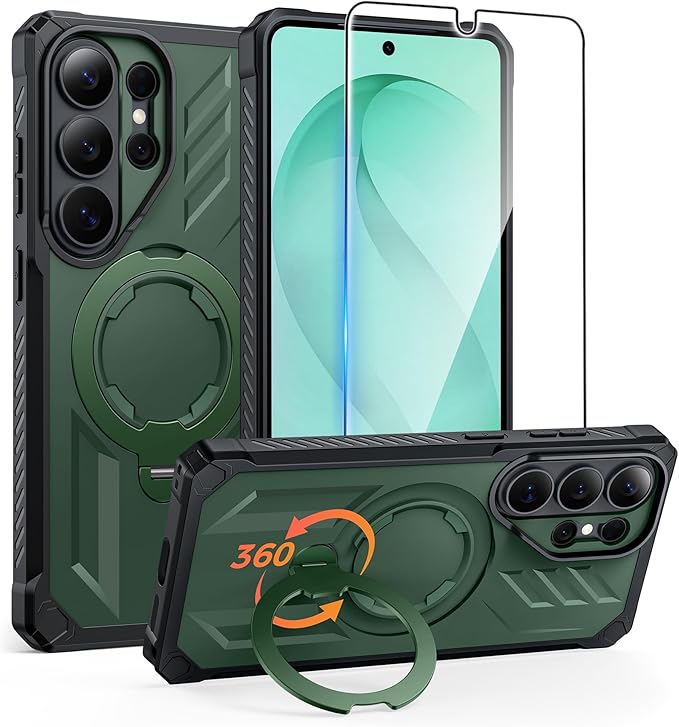FNTCASE for Samsung Galaxy S26-Ultra Case: [360 Spin Magnetic Ring Kickstand] [Compatible for MagSafe] [Screen Protector] Heavy Duty Military Grade Protection Protective Phone Case with Stand Green