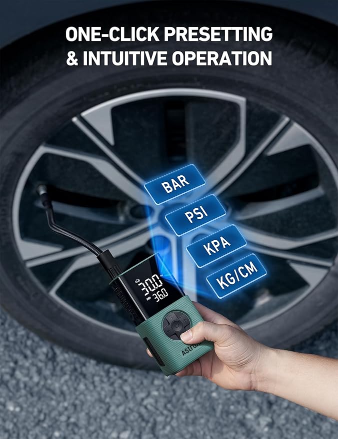 AstroAI Tire Inflator L7S Portable Air Compressor Cordless Bike Pump with Digital Dual Values Display, 150 PSI Car Tires Pump with LED Lights Air Pump for Cars, Motorcycles, Bikes, Balls Green