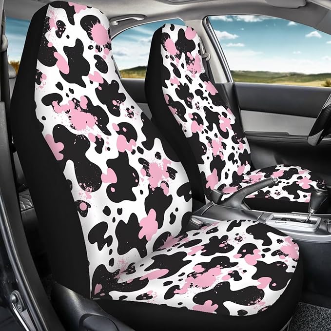 Pink Black Cow Print Front Seat Covers for Cars Navajo Aztec Driver Car Seat Protector Comfort Polyester Bucket Seat Covers Universal Fit for SUV Truck Sedan