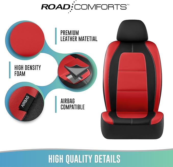 Road Comforts Car Seat Cover, Leather Car Seat Cover Full Set, Automotive Seat Covers, Airbag Compatible Universal Fit for Most Cars (Red)