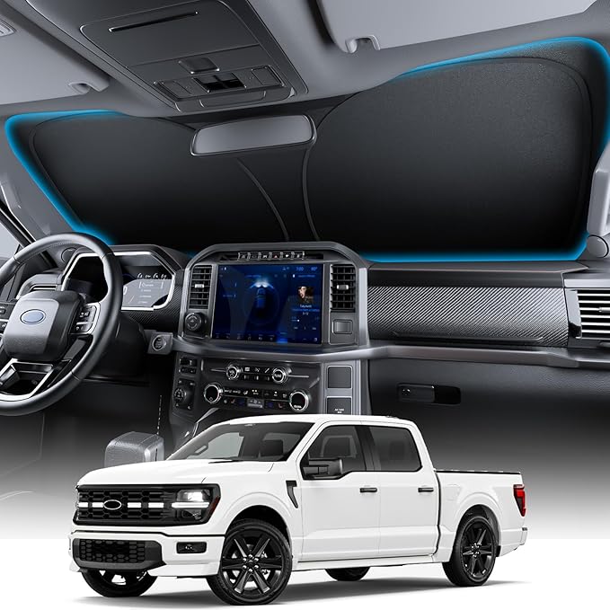Wigoo for Ford F150/250/350/450 Windshield Sunshade [OEM Design, 100% Sun Blockage] Foldable Heat Insulation Sun Shade with Storage Bag, for Ford F150/250/350/450 (2015-2026), Silver Coating