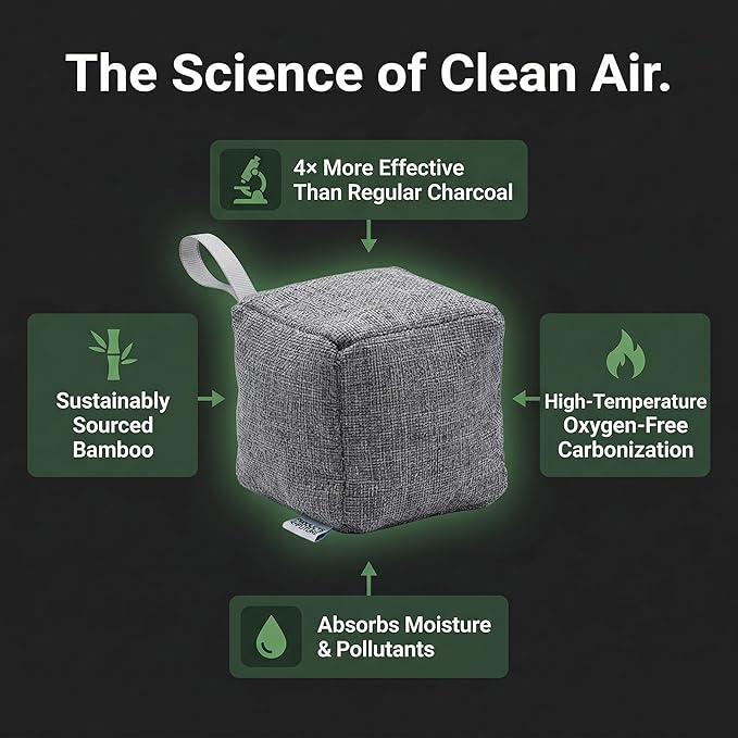 4 pack Naturally Activated Bamboo Charcoal Air Purifying Bags | Natural Home Deodorizer Bag | Charcoal Bag Odor Absorber For Pets | Odor Eliminator & Moisture Absorber Air Freshener Bag (200g Cube)