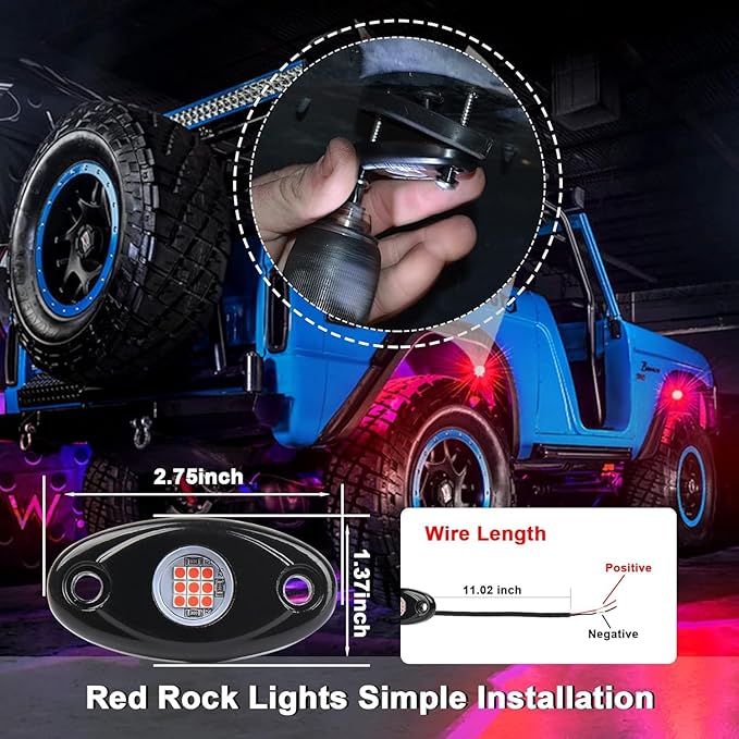 Red Rock Light 12pods 6000k Pure Red Led Rocks Lights Kit Ip68 Waterproof 47inch Extension Wires for ATV Rv Utv SUV Offroad Pickup Trucks Golf Boat Cars Trailers Fender Underglow Lighting (Red)