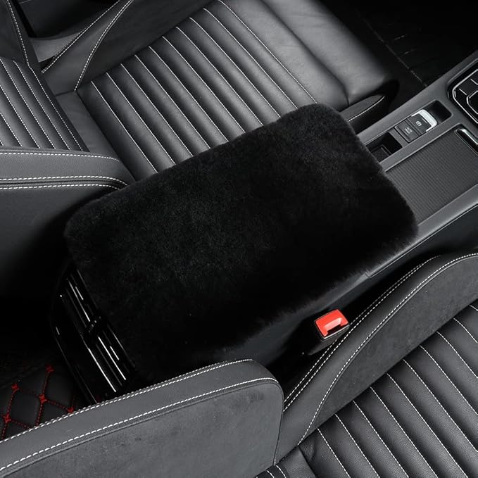 LLB Auto Center Console Cover Pad Universal Fit for SUV/Truck/Car, Genuine Sheepskin Wool Fur Car Armrest Seat Box Cover, Furry Fluffy Auto Armrest Cover Protector (Shearling Black)