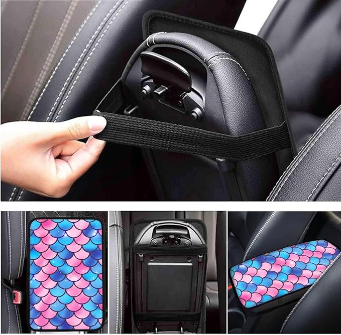 Pink Fish Scale Print Elastic Car Steering Wheel Protector for Men Women 6 Pcs Cup Coaster Handbrake Cover Fit Auto,Suvs,Truck
