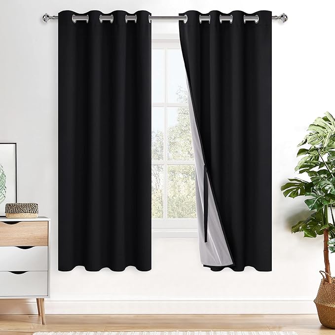 XWZO Full Shading Blackout Curtains 72 Inches Length - Heat and Light Blocking Ring Top Window Drapes with Black Liner Backing for Bedroom Sewn with Tiebacks, Black, W52 x L72, Set of 2