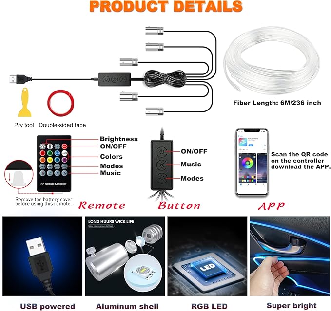 Jushope Car LED Lights, Interior Car Lights with Wireless APP/RF Remote/Button Control, Car Ambient Lighting Kit with 236" Integrated Molding Fiber Optic RGB Sync to Music (USB)
