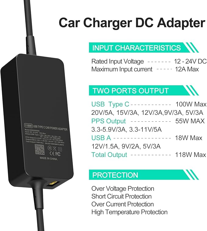 100W Laptop Car Charger USB C Car Charger for Dell Latitude/Precision/XPS, Compatible MacBook Pro/Air,HP Spectre/Elitebook,Samsung Galaxy,Asus,acer,Lenovo ThinkPad/Yoga/Idea Car Laptop Charger
