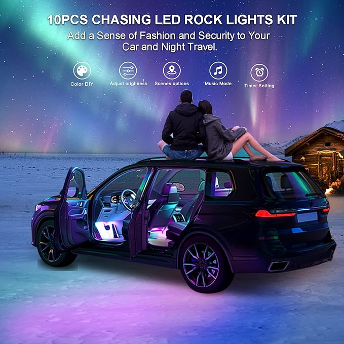 6 Pods RGB+IC LED Rock Lights for UTV ATV Golf Cart Truck SXS SUV RZR, Music Sync Smart Dream Color Chasing Underglow LED Lights for Cars with APP/RF Control, Waterproof Vehicle Underbody Light 12V