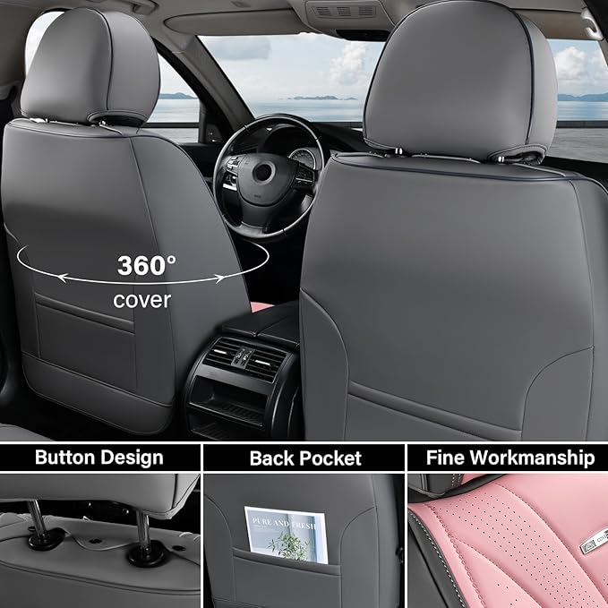 Coverado Front Seat Covers, Luxury Leather Seat Covers for Cars, Automotive Seat Cover, Car Seat Protector Waterproof, Premium Car Seat Covers Car Seat Cushions Universal Fit for Most Cars (Gray&Pink)