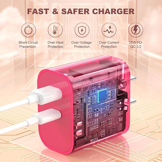 Aolcev for iPhone Charger Fast Charging 2 in 1 USB A USB C Charger Block 30W Cute Type C Fast Charging Blocks for iPhone 17 16 15 14 13 for iPad USB C Charging Adapter for Galaxy S26 S25 S24 Rose Pink