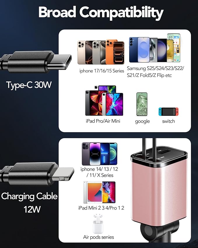 Retractable Car Charger Adapter for iPhone 17,4 in 1 Fast Charging Car Phone Charger,69W USB C Car Truck Accessories,Road Trip Essentials Gift for Men Women for iPhone 17 Pro Max/16/15/14/13/12,Galaxy