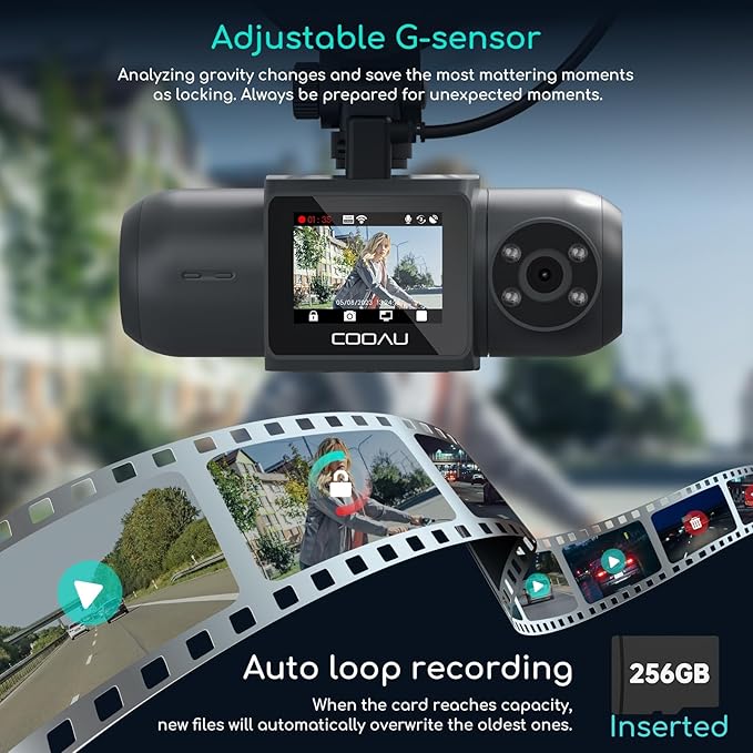 COOAU 4K Dash Cam with 256GB Card & GPS Wi-Fi, D30S Dual Dash Cam Front and Inside 2.5K+1080P, Dashcam with Infrared Night Vision, Dash Camera with 4 IR LEDs, G-Sensor, Parking Mode, Loop Recording