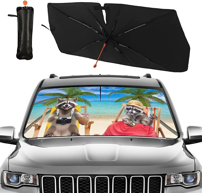 Raccoons Car Windshield Sun Shade Umbrella Beach Sunshades for Car Windshield Upgraded Hawaiian Sun Visor Protector for Sedan SUV Most Vehicles Printed Front Window Shades