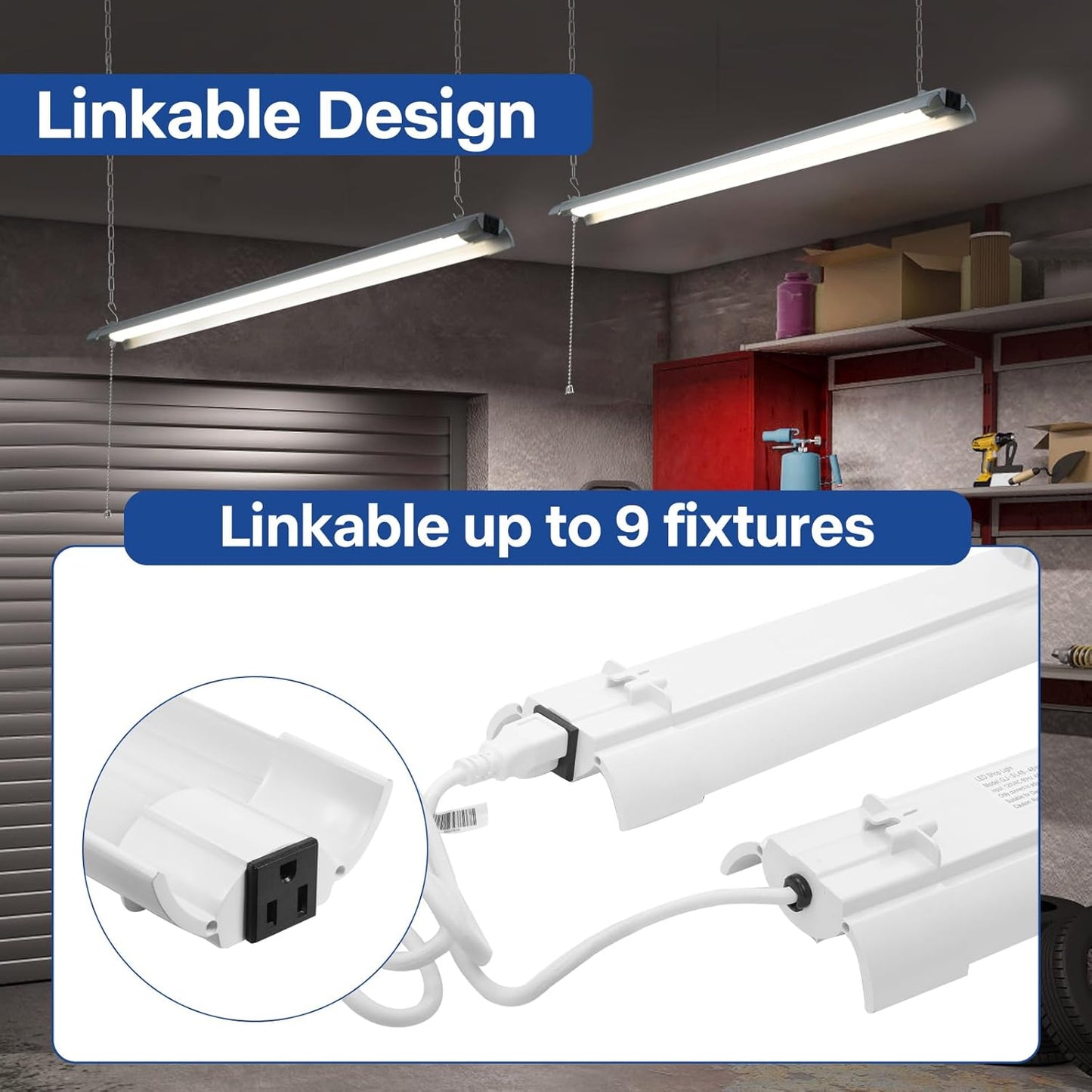 4-Pack 4ft Linkable Led Shop Light, Plug in Garage Lighting with Power Cord and Pull Chain, 7000lm Garage Ceiling Lights, Workshop Led Hanging Lights for Basements, Warehouses, ETL Listed