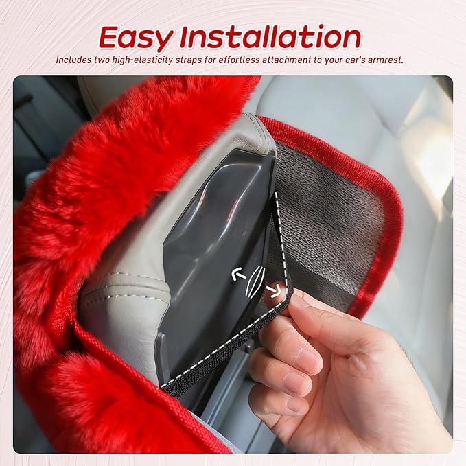 Fluffy Car Armrest Cover with Side Pockets – Plush Fuzzy Fur Center Console Armrest Cushion Pad, Universal Winter Car Interior Protector, Soft Arm Rest Cover with Storage for Women & Men (RED)