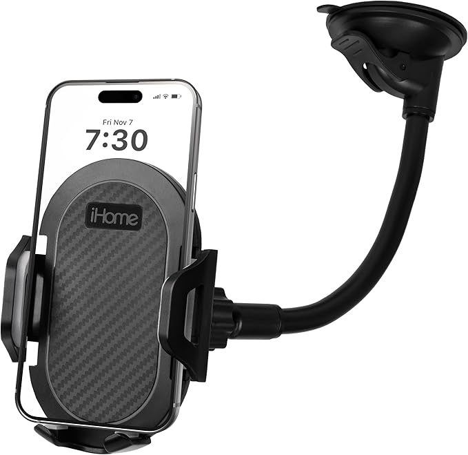 iHome Car Mount, Dashboard/Windshield/Vent Mount, Swivel Neck, Silicone Grip, Adjustable Mount Arm with Suction Cup Base (Gooseneck Car Mount)