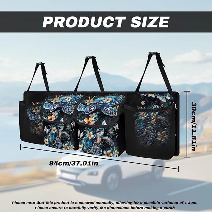 Waterproof Car Trunk Organizer Plumeria Turtles with 4 Compartments Auto Hanging Seat Back Storage Large Capacity Multipurpose Cargo Accessory