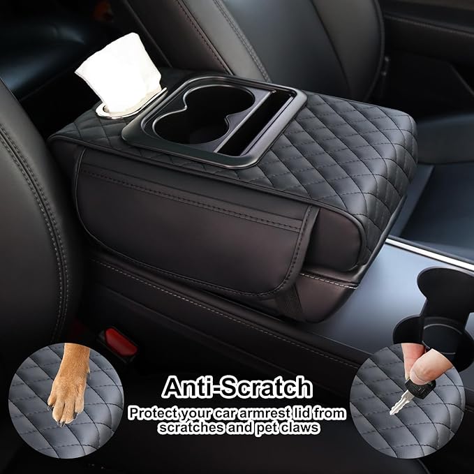 Car Armrest Cushion,5-in-1 Center Console Cover with 2 Storage Bags Cup Holder, Tissue Box Slot, Phone Slot for Sedans, Car Accessories Interior Organizers