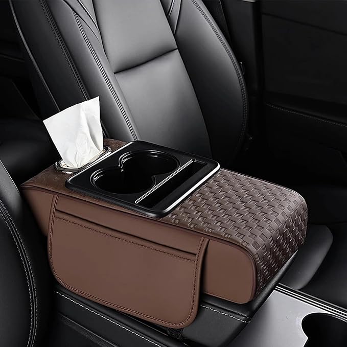 Center Console Cover,Car Armrest Cushion Multifunctional with 2 Storage Bags Cup Holder,Phone Slot,Tissue Box Slot for Most Cars Accessories Interior Organizers-Brown 13.8x7.9 in