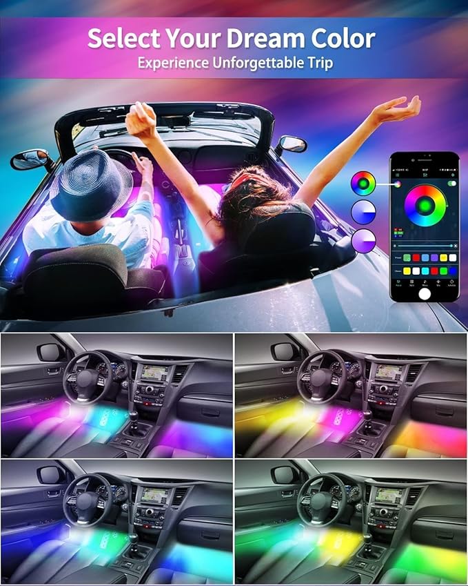 Led Lights for Car Accessories Interior, RGB+IC 48 LED Car Interior Light, 16 Million Colors Strip Light, APP Remote Control with USB Port Color Change Under Dash Lighting for SUVs, Trucks