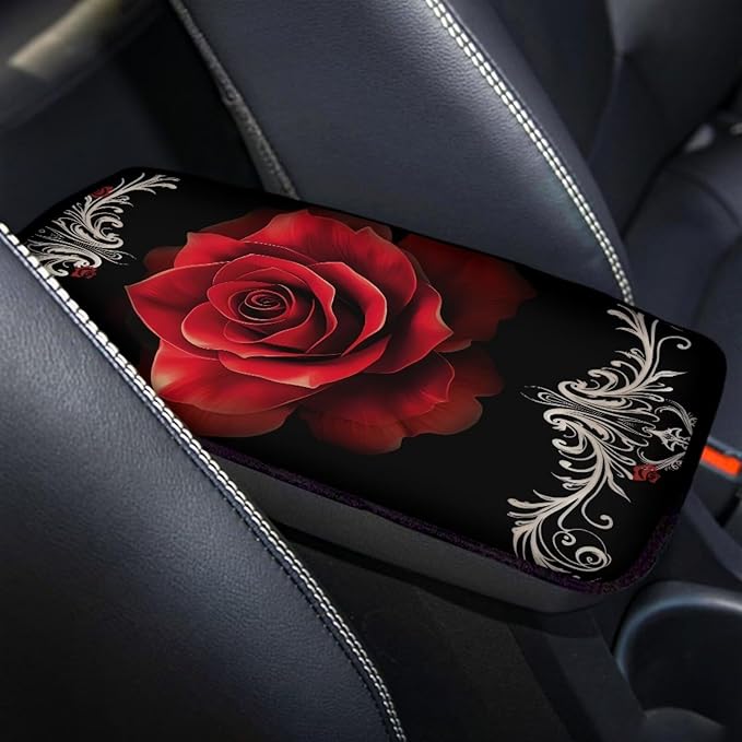 Red Rose Universal Center Console Armrest Soft Pad Protector Cover Armrest Box Protector Non Slip for Pet Dogs Car Interior Decor
