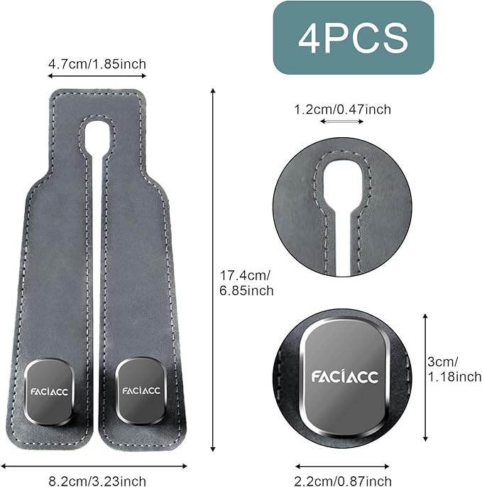 FACIACC 4 Pack Car Seat Headrest Hooks, Purse Hook for Headrest Universal Double Car Headrest Hooks Accessories Backseat Hanger Bag Holder Storage Hanger for Handbag Purse Coat Bags, Grey