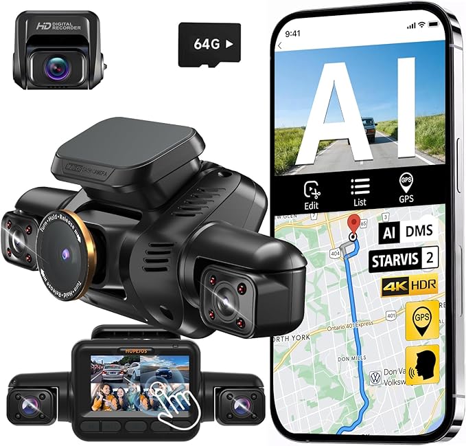 HUPEJOS AI 4K Dash Cam Front and Rear Recording with Driver Monitoring System,STARVIS 2,360° View 4 Channel Dashcam Free 64G Card,5G Wi-Fi GPS,3" Touch Screen,Night Vision,CPL,24/7 Parking Mode,V8 MAX
