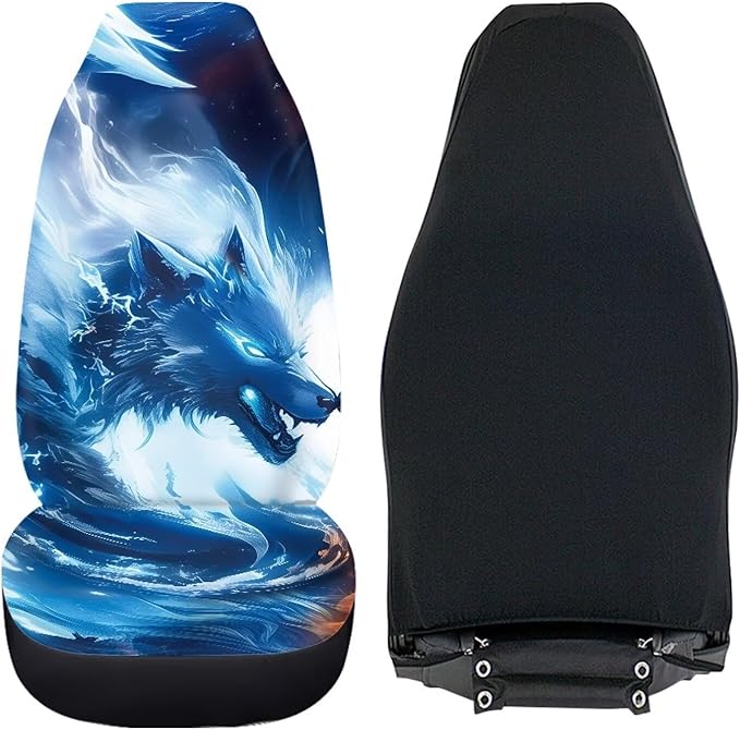 Fire and Ice Wolf Car Front Seat Covers Elastic Fabrics Universal Front Seat Cover Removable Automotive Accessories Easy Installation Suitable for Cars SUV
