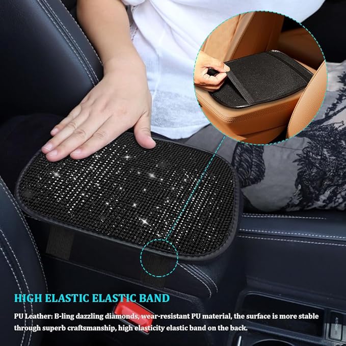 Bling Car Center Console Cover, Car Armrest Cover, Diamond Rhinestone Auto Center Console Cover Protector, Universal Arm Rest Cushion Pads Car Interior Accessories for Vehicles, SUVs (Black)