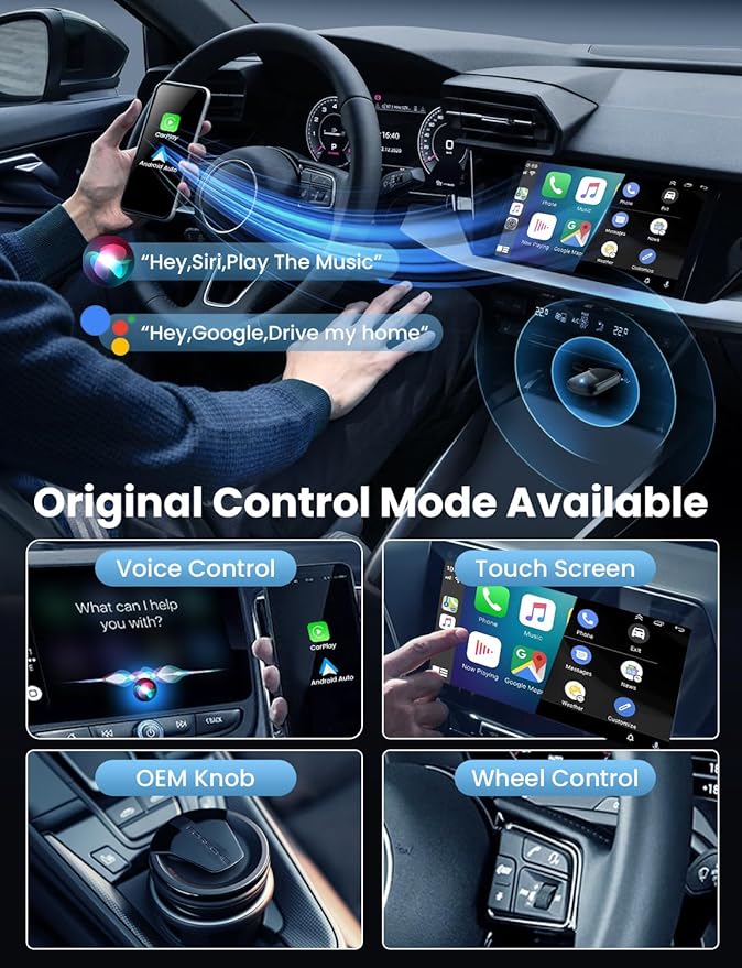 Mini Wireless Carplay and Android auto Adapter with Fastest Connection Car, No Latency Wireless Carplay Adapter, for Cars from 2016 & Phone with iPhone 6 or Above/Android 10+, USB-A/Type-C Black