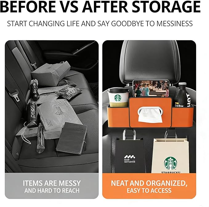 3-in-1 Car Backseat Organizer with Cup Holder,2026 New Multifunctional Car Seat Back Storage Box,Multifunctional Back Seat Car Organizer for Hold Phones,Snacks,Drinks,and Handbags(Orange)