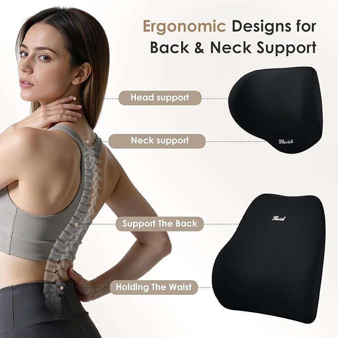 FLORICH Car Seat Cushion & Lumbar Support Pillow & Car Neck Pillow, Ergonomic Memory Foam Driving Seat Cushions for Back & Sciatica Pain Relief, Non-Slip Cushion for Car, Office Chair,Wheelchair-Black