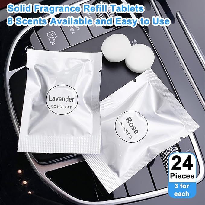 24 Pack Car Air Freshener Refills, Car Air Vent Clip Freshener Replacement Pads, Solid Fragrance Scent Refill Tablets (Lavender/Rose/Cinnamon/Lemon/Cologne/Jasmine/Ocean/Peach)