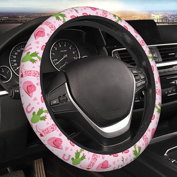Cowgirls Cactus Pink Steering Wheel Cover for Women Elastic Rubber Steering Wheel Universal 15 Inch Fit for Cars, Auto, SUVs