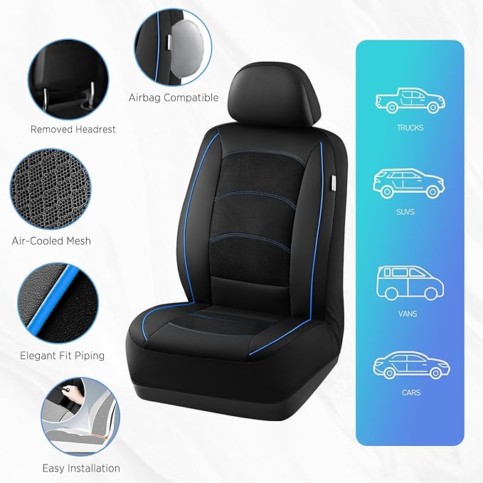 Road Comforts Car Seat Covers, Leather Front Seat Covers with Piping, Air-Cool Mesh Designed, Airbag Compatible Automotive Seat Covers for Most Car, Truck, Van, SUV - Black with Blue Piping
