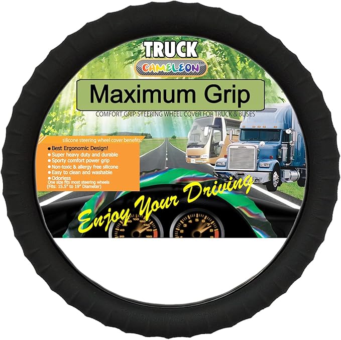 Cameleon Cover Silicone Semi-Truck Steering Wheel Cover Fits 16" 17" 18" 19" Steering Maximum Grip, Black