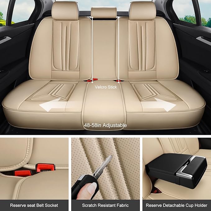 Car Seat Covers, Premium Leather Car Seat Covers, Waterproof and Breathable Seat Covers, Universal Car Seat Protector Fit for Cars, Trucks, SUVs, Pick-ups (Beige, FullSet)