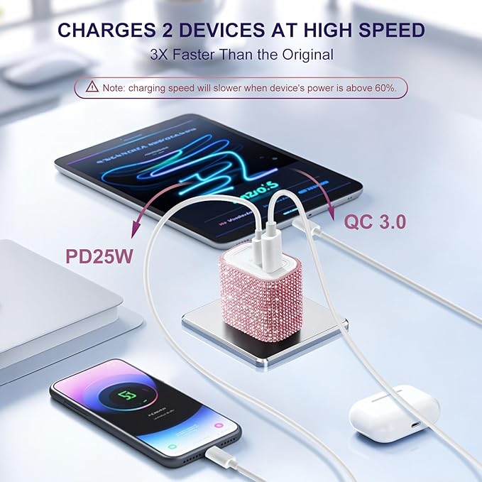 Aolcev for iPhone Charger Fast Charging Bling 2 in 1 USB A USB C Charger Block 25W Type C Fast Charging Blocks for iPhone 17 16 15 14 13 iPad Bling USB C Adapter for Galaxy S26 S25 Rhinestones Pink