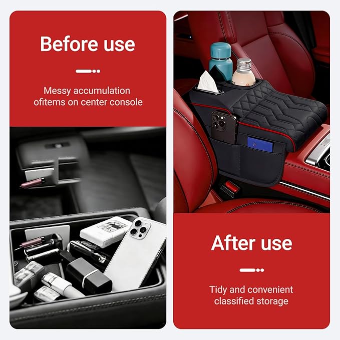 Upgraded Car Center Console Cover,PU Leather Car Armrest Cover Cushion Contains High Elasticity Sponge with 2 Storage Bags Tissue Box (Black RED-B)