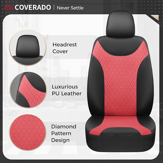 Coverado Front Seat Covers, 2 Packs Leather Seat Covers for Cars, Driver Seat Protectors with Splicing Design，Waterproof Car Seat Cushions Universal Seat Covers Fit for Most Cars, Black & Red
