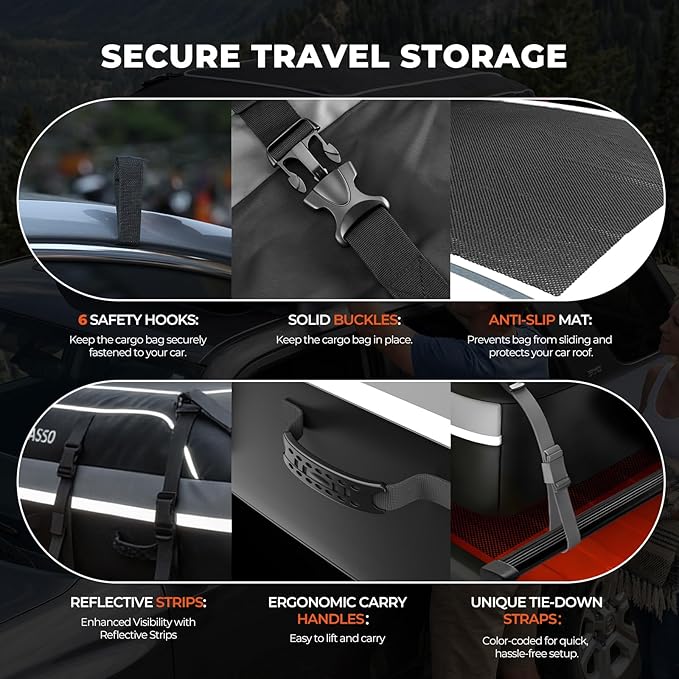 Car Roof Bag 21 Cubic Feet, Waterproof Rooftop Cargo Bag for Cars SUVs & Vans, 840D Heavy-Duty PVC, Universal Fit with or Without Roof Rack- Anti-Slip Mat，Combination Lock，6 Door Hooks，4 Extra Straps